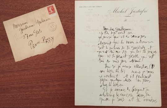 Lettre et enveloppe - Courrier écrit par Pablo Picasso à Guillaume Apollinaire