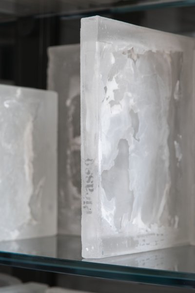 Bibliothèque cristallisée Pablo Picasso, 2020-2024 cristallisation au livre perdu verre optique, 168 éléments. Maître verrier Olivier Juteau