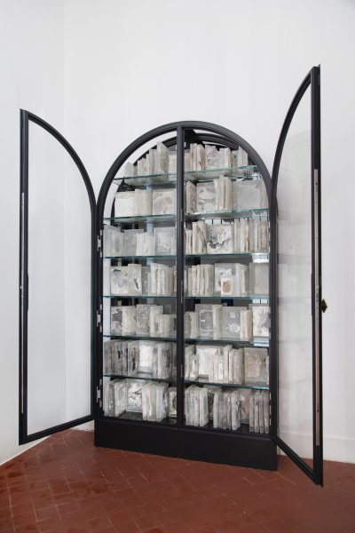 Bibliothèque cristallisée Pablo Picasso, 2020-2024 cristallisation au livre perdu verre optique, 168 éléments. Maître verrier Olivier Juteau