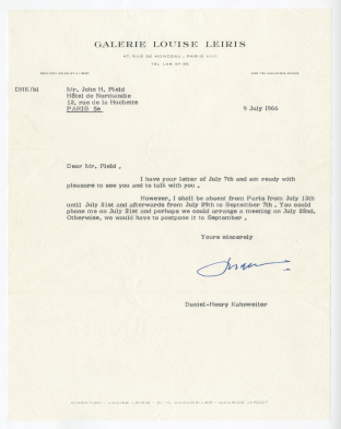 Letter from Kahnweiler to Field, dated 9 July 1966