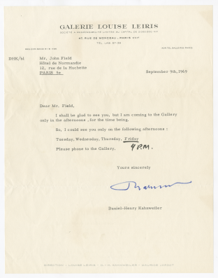 Letter from Kahnweiler to Field, dated 9 September 1969