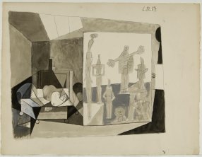 Pablo Picasso Studio. Study for the UNESCO Mural, Cannes, December 6, 1957 Graphite, blue pencil, black ink, and gouache on paper, 50,5 x 65,5 cm Fundación Almine y Bernard Ruiz-Picasso, Madrid